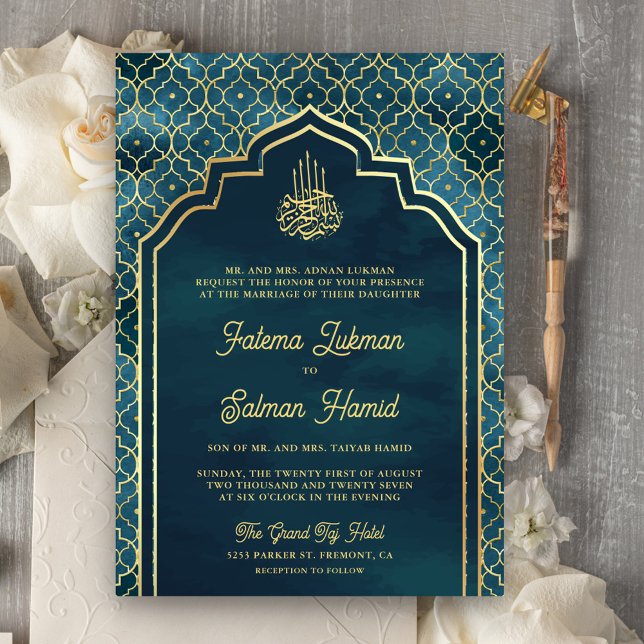 Ocean Blue Gold marokkanische Arch Moslem Hochzeit Einladung (Von Creator hochgeladen)