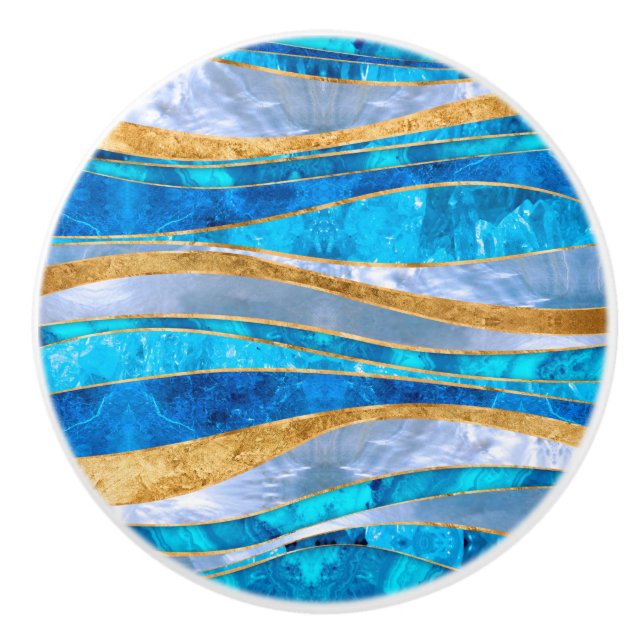 Ocean Blue Gold Metallic Wavy Abstrakt Keramikknauf (Vorderseite)