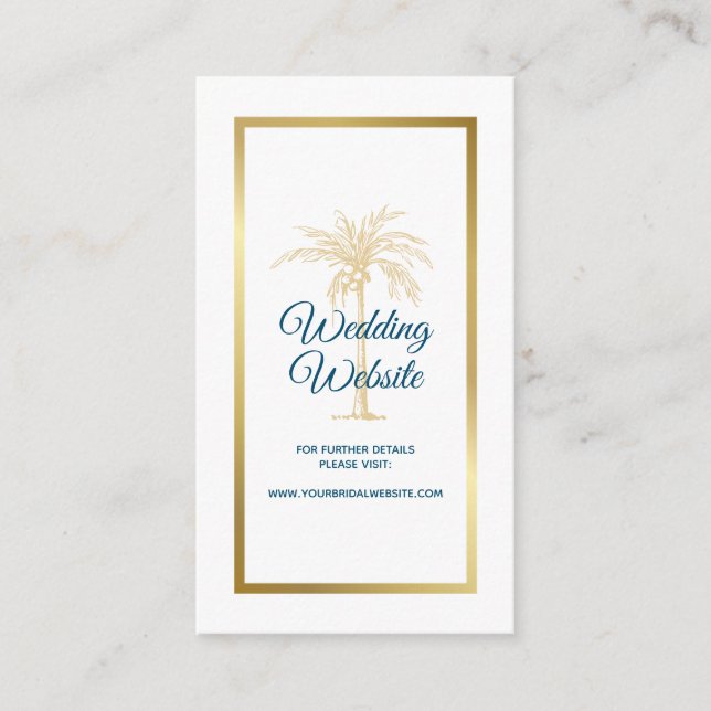 Ocean Blue Gold Palm Tree Beach Hochzeitswebsite Begleitkarte (Vorderseite)