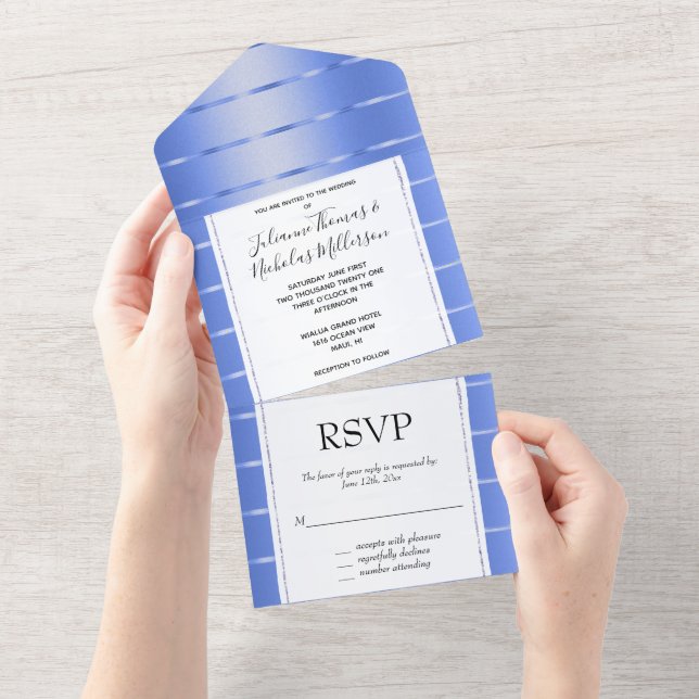 Ocean Blue Gold Ribbon Wedding All In One Einladung (Abreißen)