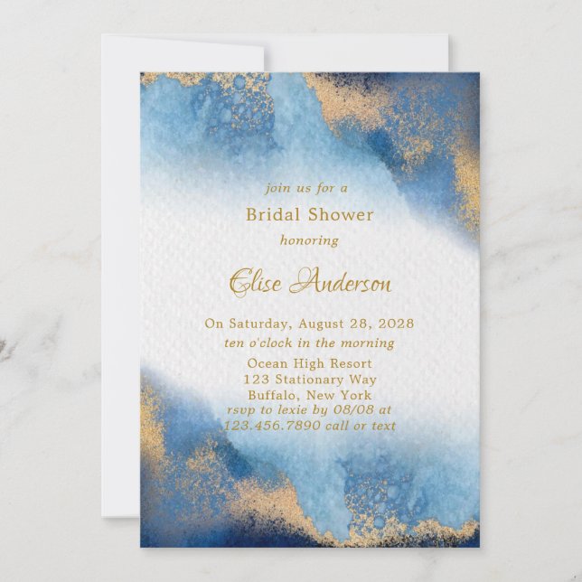 Ocean Blue Golden Watercolor Brautparty Einladung (Vorderseite)