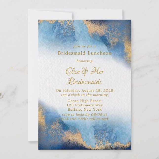 Ocean Blue Golden Watercolor Bridesmais Einladung (Vorderseite)