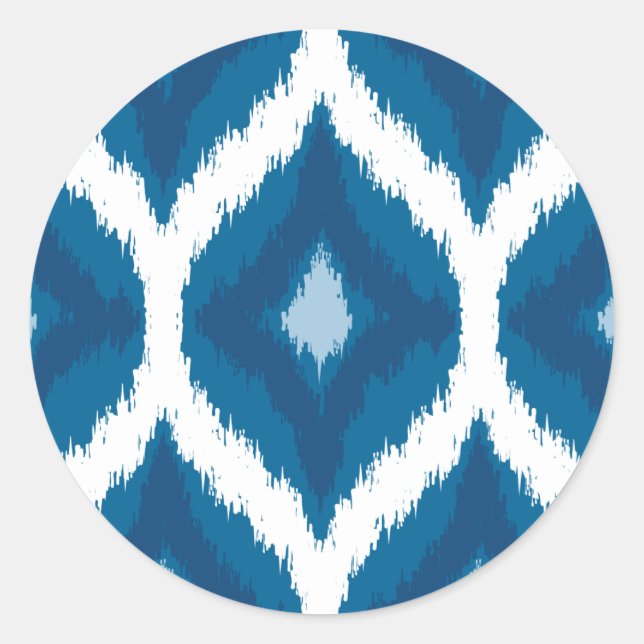 Ocean Blue Ikat Modern Ethnic Geometric Print Runder Aufkleber (Vorderseite)