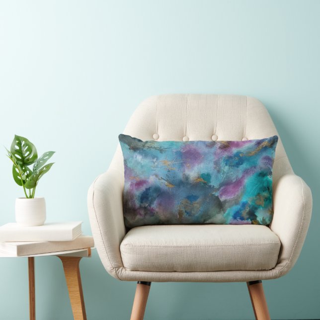 Ocean Blue Lila Gold Watercolor Abstrakte Kunst, D Lendenkissen (Stuhl )
