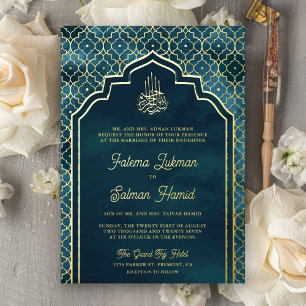 Ocean Blue Marokcan Arch Muslim Wedding Gold Folieneinladung