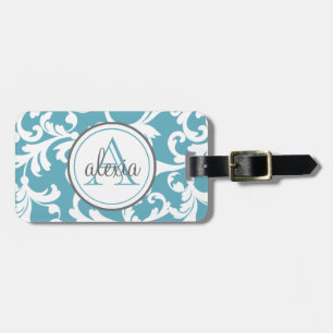 Ocean Blue Mit Monogramm Damask Print Gepäckanhänger