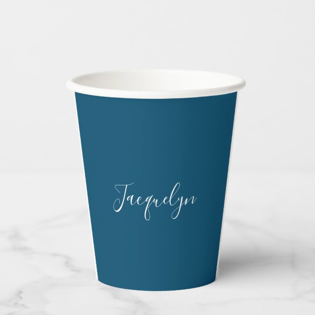 Ocean Blue Schlicht Elegante Moderne Kalligraphie  Pappbecher (Vorderseite)