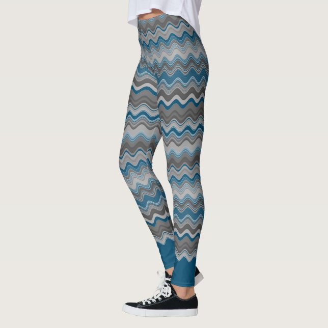 Ocean Blue Silver Gray Wavy Muster Leggings (Links)