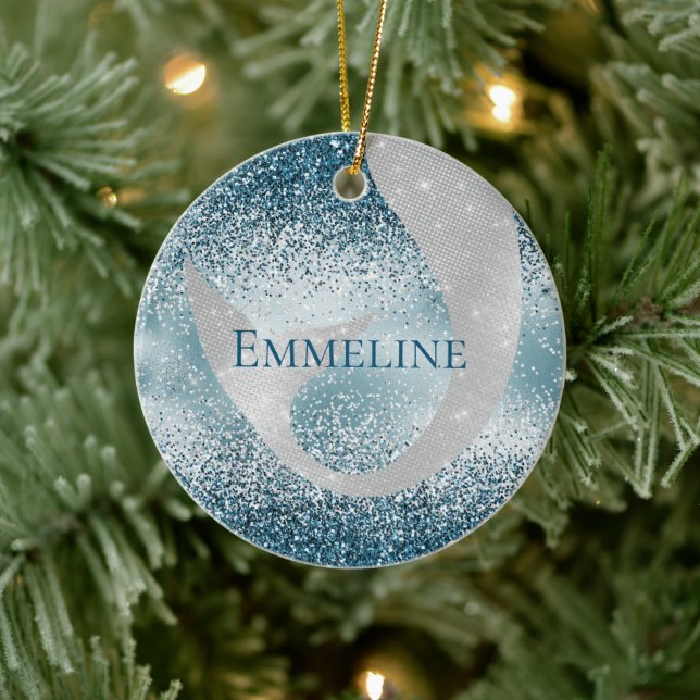 Ocean Blue Silver Mermaid Sparkle Glitter Keramik Ornament (Baum)