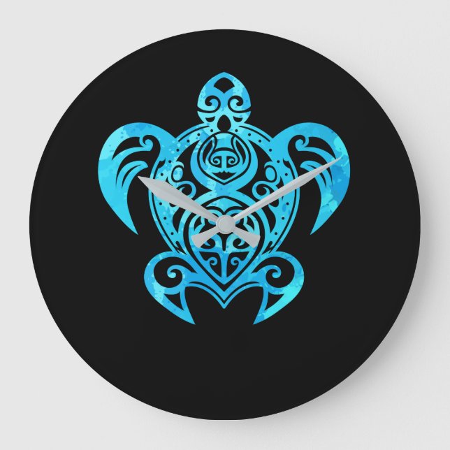 Ocean Blue Tribal Hawaiian Sea Turtle Große Wanduhr (Vorderseite)