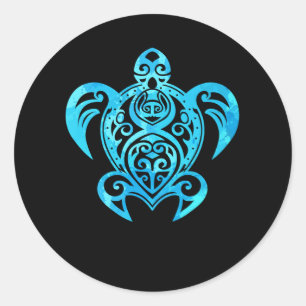 Ocean Blue Tribal Hawaiian Sea Turtle Runder Aufkleber