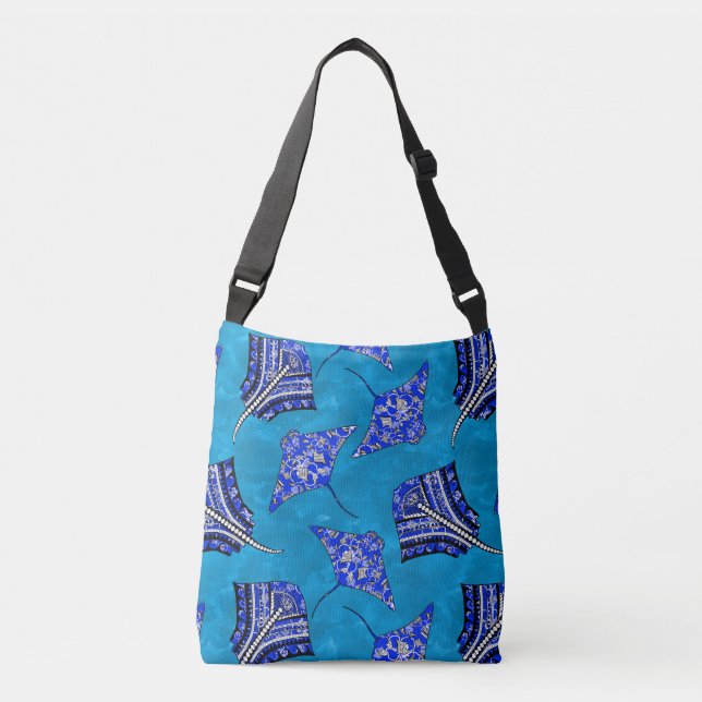 Ocean Blue Tribal Stingray Tragetaschen Mit Langen Trägern (Vorderseite)