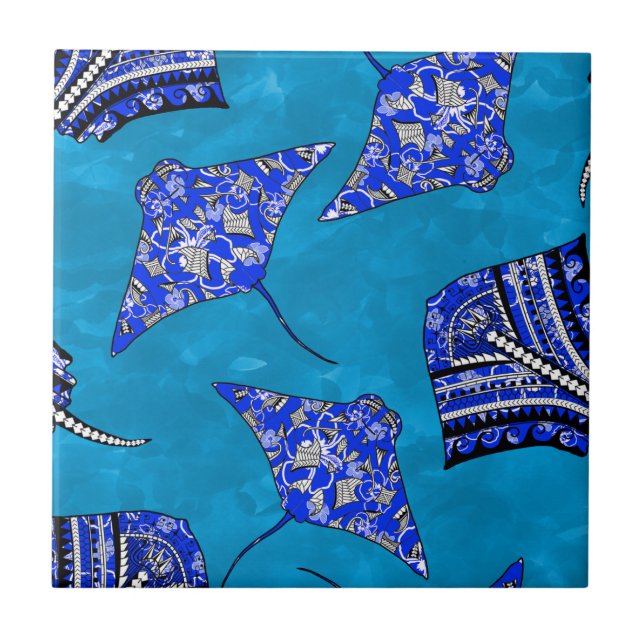 Ocean Blue Tribal Stingrays Fliese (Vorderseite)