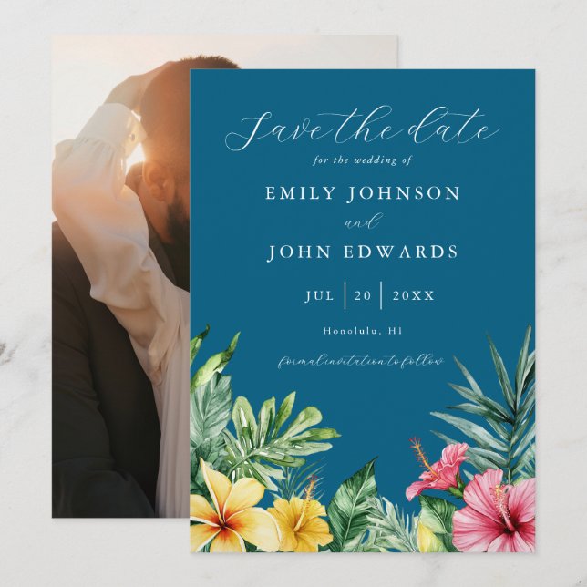 Ocean Blue Tropical Blume Foto Hochzeit Save The Date (Vorne/Hinten)