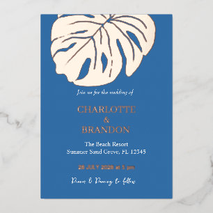Ocean Blue Tropical Monstera Leaf Wedding Folieneinladung