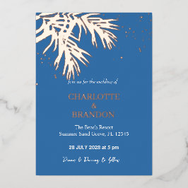 Ocean Blue Tropical Palm Blätter Wedding Gold Folieneinladung