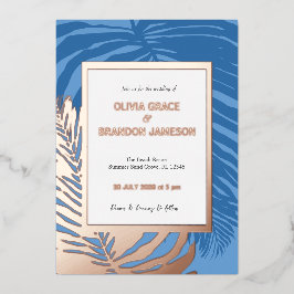 Ocean Blue Tropical Palm Leaf Hochzeit Folieneinladung