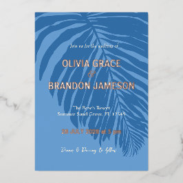 Ocean Blue Tropical Palm Leaf Hochzeit Folieneinladung