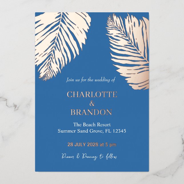 Ocean Blue Tropical Palm Leaf Wedding Gold Folieneinladung (Vorderseite)