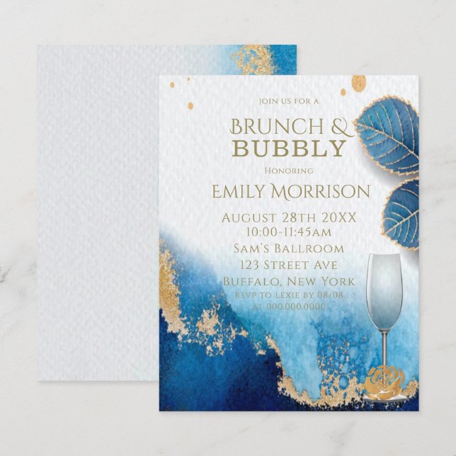 Ocean Blue und Gold Agate Brunch und Bubbly Einladung (Vorne/Hinten)