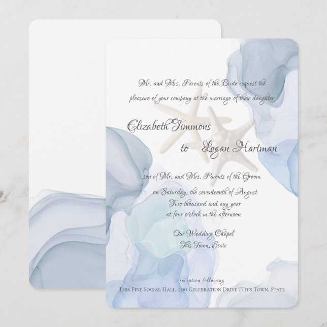 Ocean Blue Watercolor Beach Hochzeit Einladung (Vorne/Hinten)