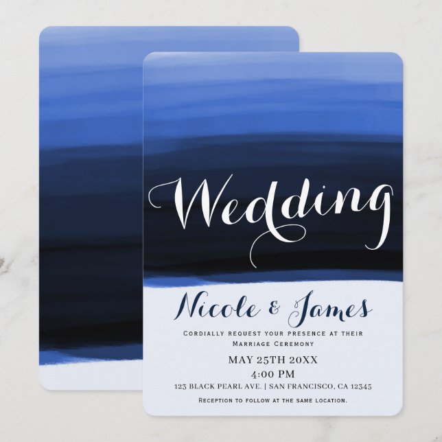 Ocean Blue Watercolor Moderne Glam Wedding Einladung (Vorne/Hinten)