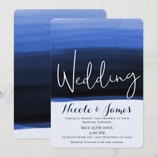 Ocean Blue Watercolor Moderne Glam Wedding Einladung (Vorne/Hinten)