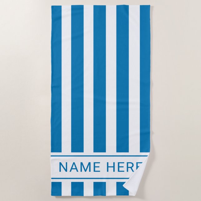 Ocean Blue White Strip Handtuch mit Ihrem Namen (Vorderseite)