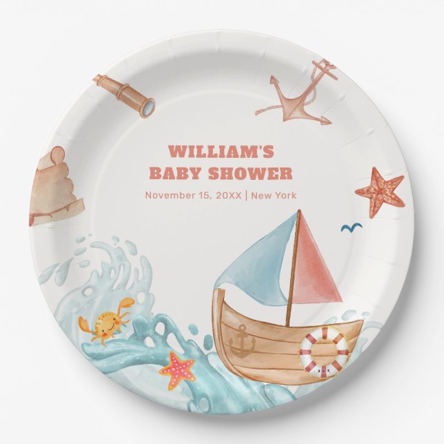 Ocean Boy Adventure Sailboat Babydusche Pappteller (Vorderseite)