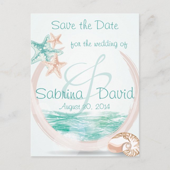 Ocean Breeze Beach Hochzeit Save the Date Ankündigungspostkarte (Vorderseite)