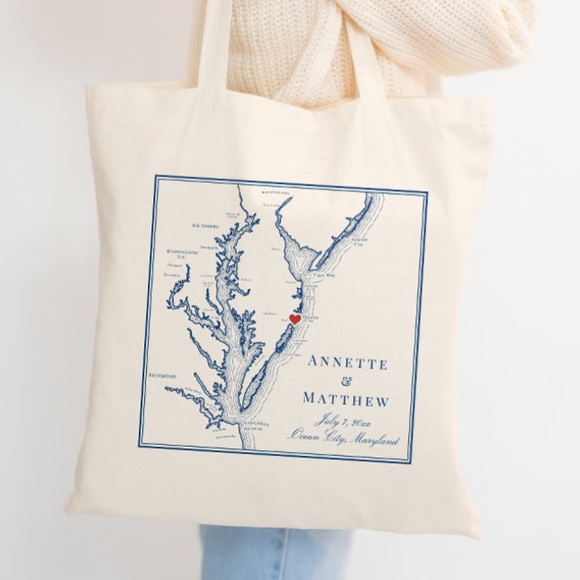 Ocean City Maryland Elegant Navy Hochzeit Willkomm Tragetasche (Ocean City Maryland Wedding Favor Welcome Tote Bag in elegant navy blue from Coastal Map Designs)