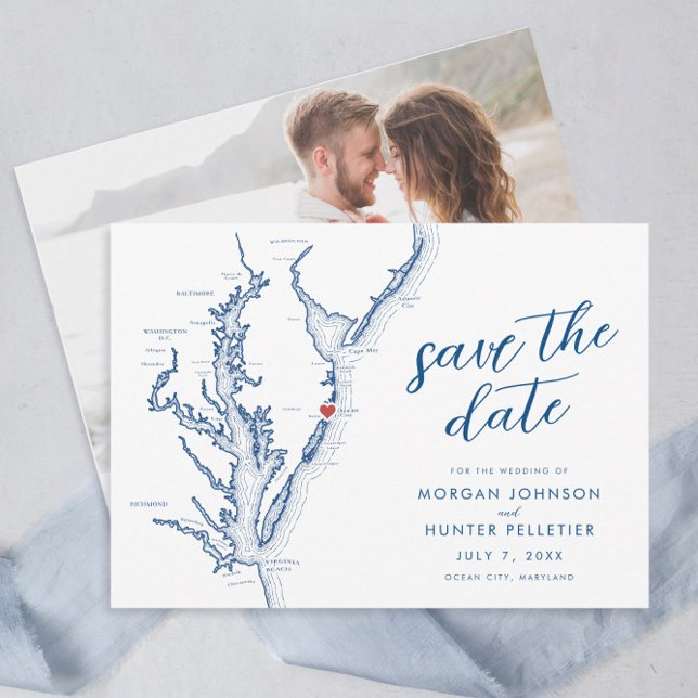 Ocean City Maryland Karte Minimal Modern Wedding (Ocean City Maryland Map Save the Dates with minimal modern navy blue script from Coastal Map Designs)