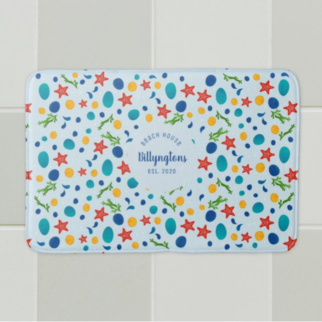 Ocean Custom Familienname Beach House Collage Badematte (Custom holiday home beach sea collage bathroom mat with personalized name, year.)
