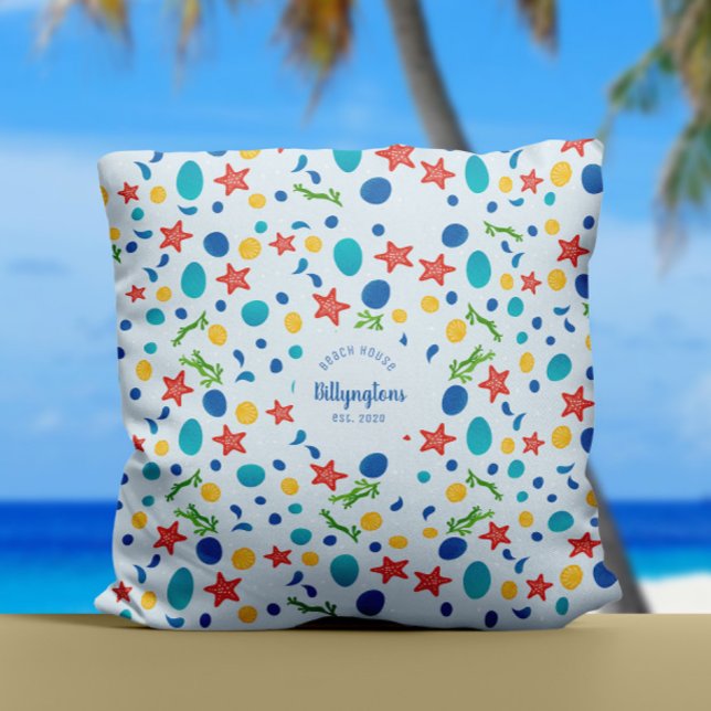 Ocean Custom Familienname Beach House Collage Kissen (Personalized family home decor pillow with custom family name and sea collage ocean pattern)