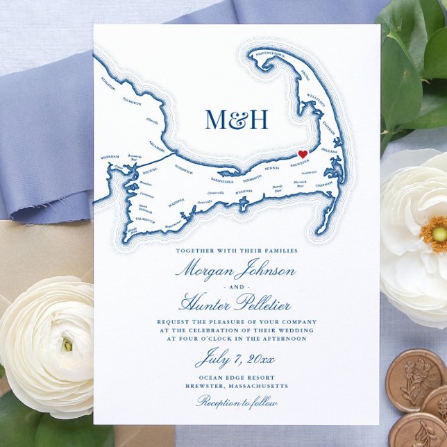 Ocean Edge Resort Brewster MA Wedding Einladung (These Cape Cod map wedding invites are perfect for your Ocean Edge Resort wedding in Brewster)