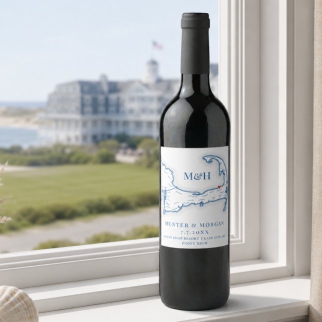 Ocean Edge Resort Hochzeit Cape Cod Karte   Weinetikett (Ocean Edge Resort Wedding Favor Cape Cod Map Wine Bottle Label for Welcome Bag by Coastal Map Design)