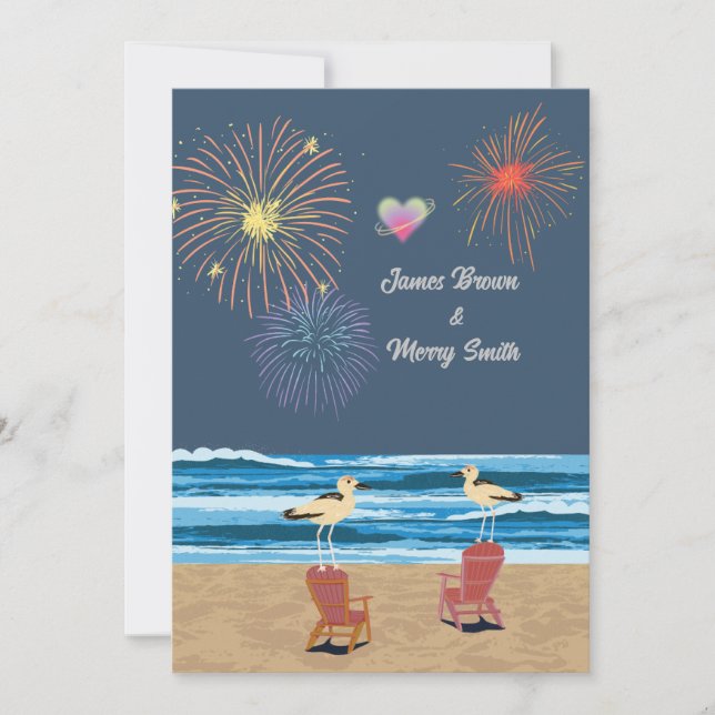 Ocean Fireworks Night Beach Seagulls Hochzeit Einladung (Vorderseite)