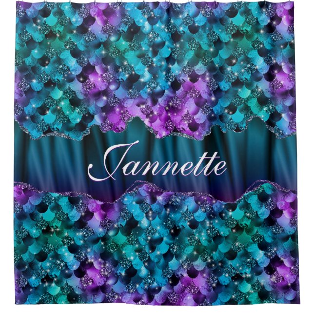 Ocean Glam Turquoise Lila Mermaid Imitate Glitzer Duschvorhang (Vorderseite)