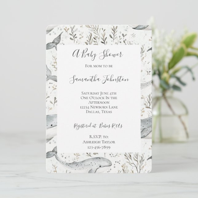 Ocean Gray Whales Baby Shower Einladung (Stehend Vorderseite)