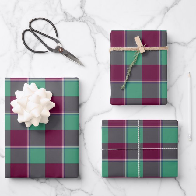 Ocean Green and Mulberry Wood Plaid Burgundy Geschenkpapier Set (Vorderseite)