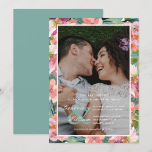 Ocean Green and Peach Blume Foto Hochzeit Einladung