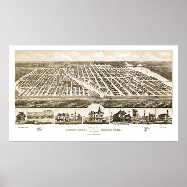 Ocean Grove & Asbury Park, NJ Panoramic Map - 1881 Poster (Vorne)