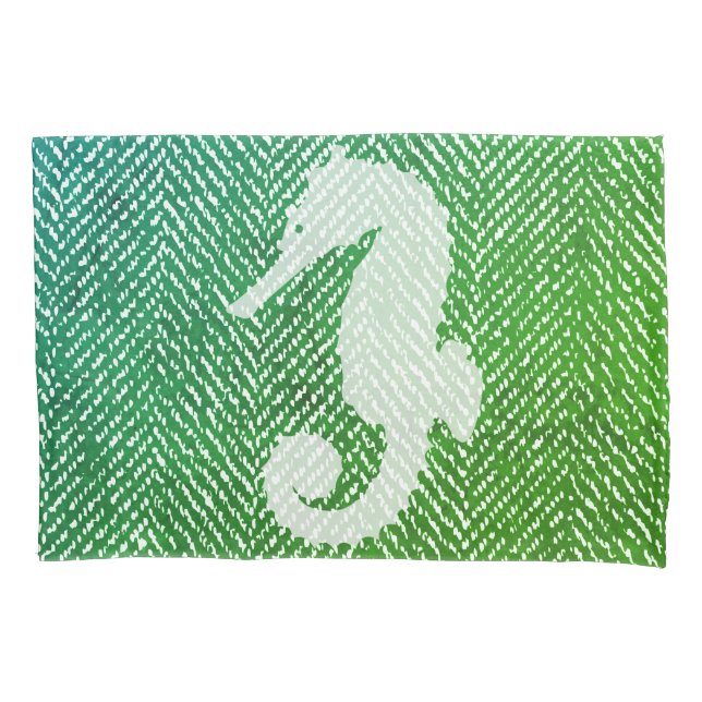 Ocean Hues Herringbone & White Seepferd Kissenbezug (Vorderseite)