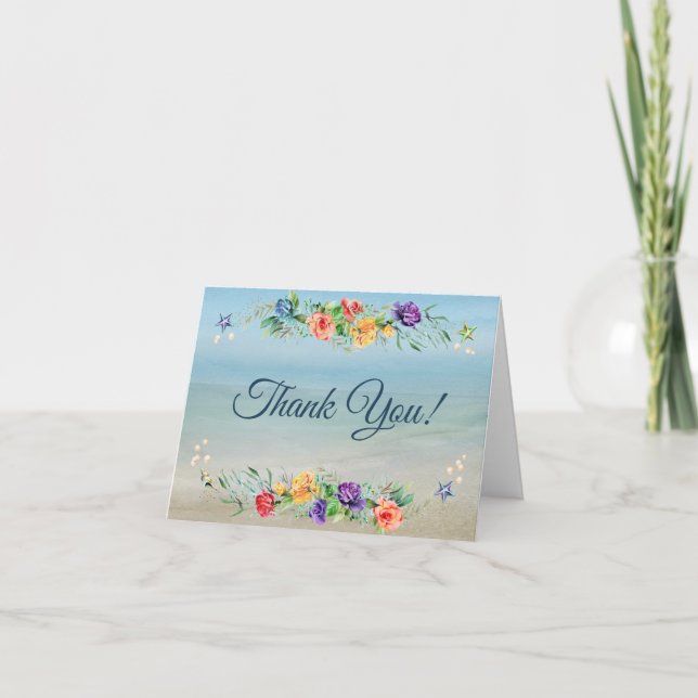 Ocean Inspiriert Beach Floral Wedding Vielen Dank Dankeskarte (Vorderseite)