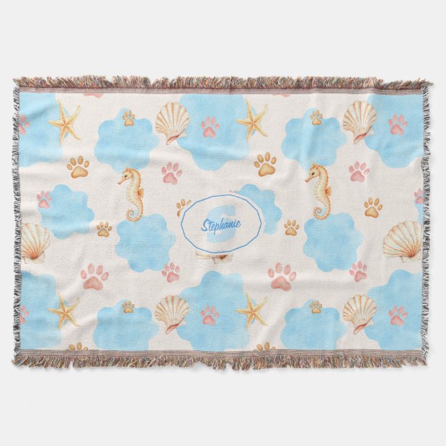Ocean Inspiriert Paw Print Pattern mit Seepferden  Decke (Vorderseite)