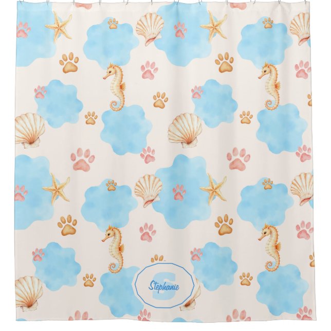Ocean Inspiriert Paw Print Pattern mit Seepferden  Duschvorhang (Vorderseite)