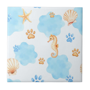 Ocean Inspiriert Paw Print Pattern mit Seepferden Fliese
