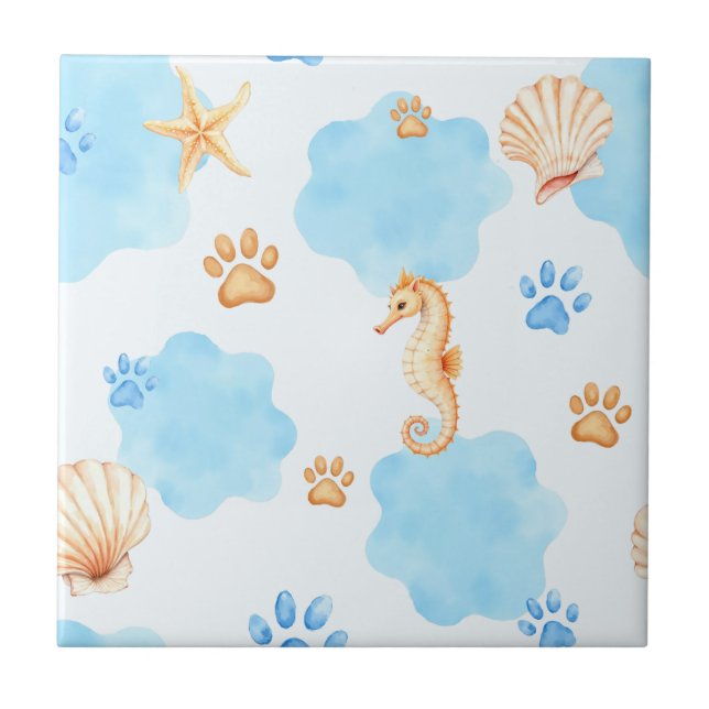 Ocean Inspiriert Paw Print Pattern mit Seepferden Fliese (Vorderseite)