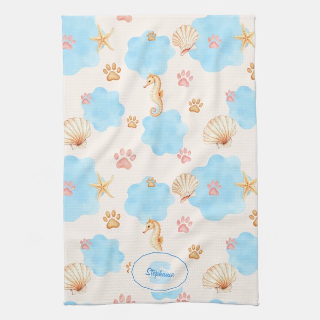 Ocean Inspiriert Paw Print Pattern mit Seepferden  Geschirrtuch (Vertikal)