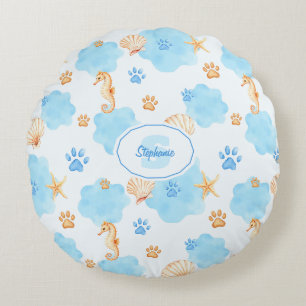 Ocean Inspiriert Paw Print Pattern mit Seepferden Rundes Kissen
